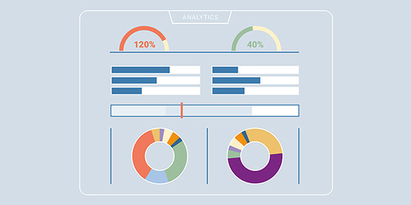 Illustration of a dashboard with bars and pie charts.