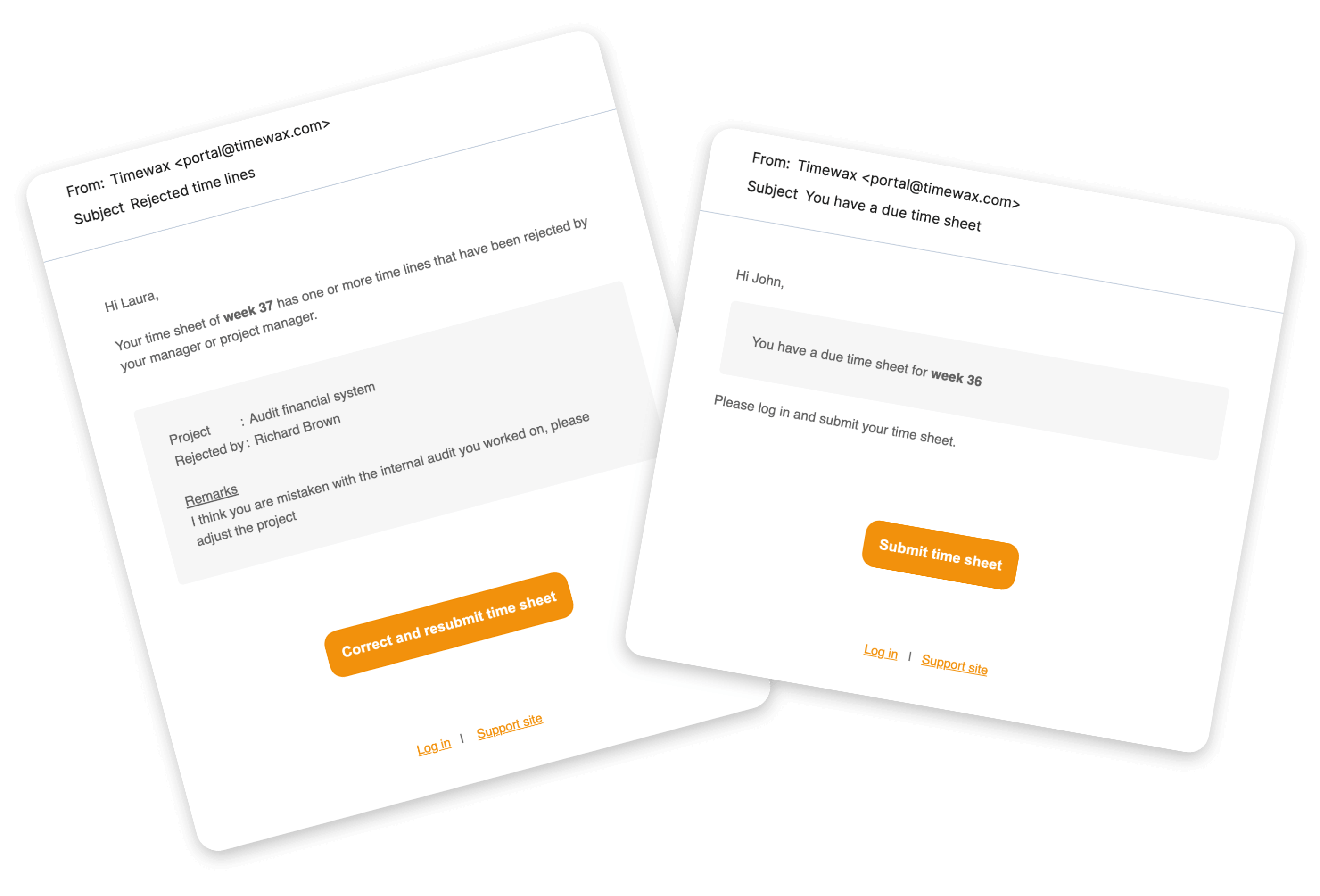 Illustration of automated emails that Timewax will send to chase due time sheets and when time sheets are rejected