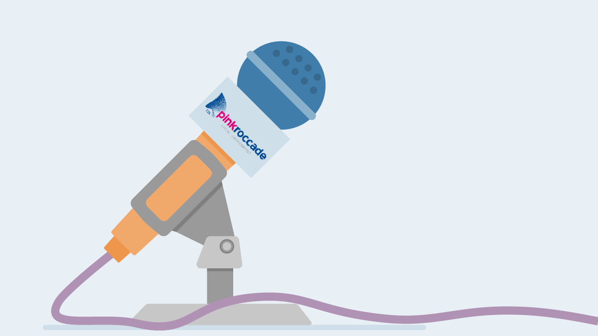 Illustration of a microphone with the Pinkroccade logo