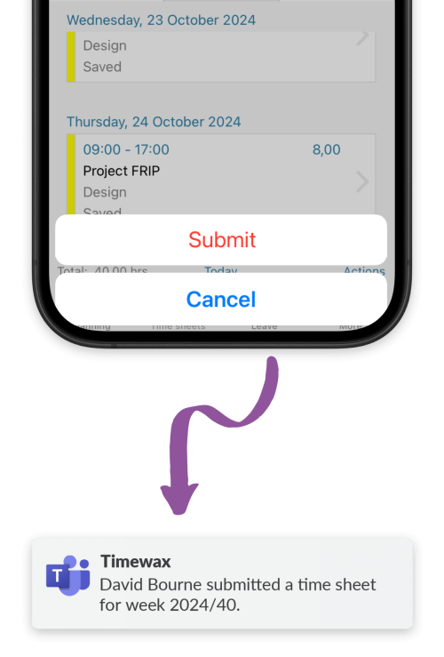 Illustration of how employees can easily submit time sheets from their mobile phone